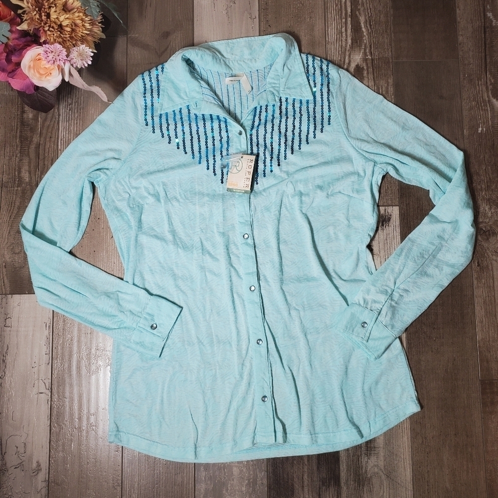 NWT Roper Blue Sequin Pearl Snap Button Down Shirt Women's Size XL